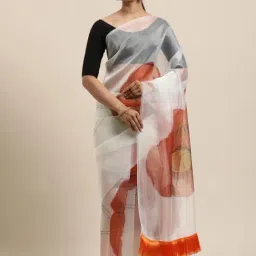 Blissta Off-White Floral Print Saree With Unstitched Blouse-image-25