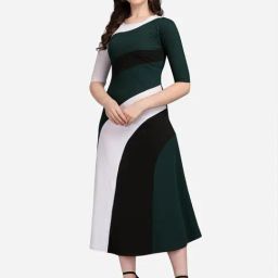 PURVAJA Green & Black Knitted Color-Block Midi Dress-6