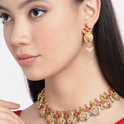Zaveri Pearls Green & Pink Stones Peacock Inspired Pearls Choker Necklace & Earring Set-ZPFK9557-image-3