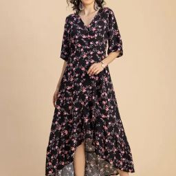 Moomaya Black & Pink Floral Print High-low Dress-image-56