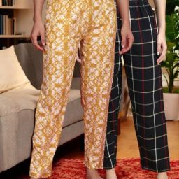 Kryptic Mustard & Black Cotton Relaxed Fit Printed Lounge Pants - Pack of 2-image-93