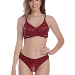 AROUSY Maroon Cotton Self Pattern Bra Panty Set-image-81