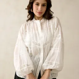 VIRGIO White Cotton Solid Long Sleeves Top-picture-36