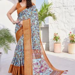 MIRCHI FASHION Blue Floral Print Saree With Unstitched Blouse-image-46