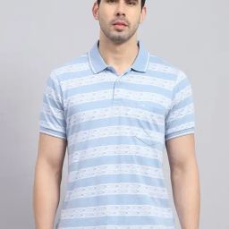 Monte Carlo Sky Blue Cotton Regular Fit Striped Polo T-Shirt-image-46