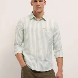 The Bear House Green Cotton Slim Fit Stripes Casual Shirt-image-105