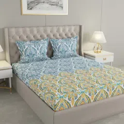 Raymond Home Blue & Yellow Cotton 144 TC King Bedsheet with 2 Pillow Covers-image-66