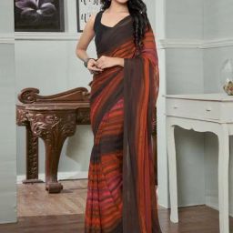 Satrani Brown Striped Saree With Unstitched Blouse-image-3