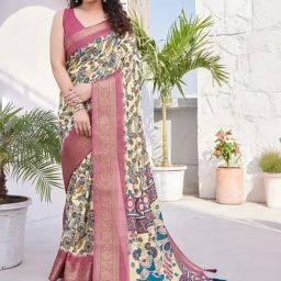 MIRCHI FASHION Beige Floral Print Saree With Unstitched Blouse-image-31