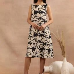 W Black Cotton Printed A-Line Dress-image-82