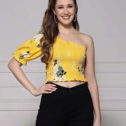 KASSUALLY Yellow Printed Crop Top-image-13