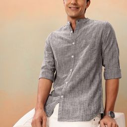 Mast & Harbour Solid Cotton Linen Mandarin Collar Shirt-image-86