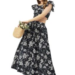 Moomaya Navy Floral Print Crop Top With Skirt-image-98