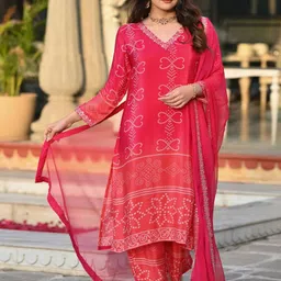 JAPNAAM Bandhani Printed V-Neck Chinon Silk Straight Kurta With Trousers & Dupatta-image-95