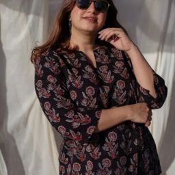 The Indian Ethnic Co Black Straight Ajrakh Handblock Printed Cotton Short Top-image-25