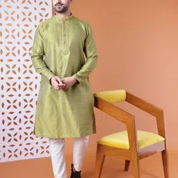 AURIK Men Checked Mandarin Collar Pure Silk Kurta with Pure Cotton Pyjama-picture-17
