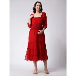 Moms Maternity Womens Georgette Solid Red Butta Maxi Dress-picture-16