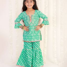 The Mom Store Three Fourth Bell Sleeves Bandhani & Leheriya Lace Embellished Kurta & Sharara Set - Teal Green-image-5