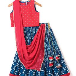Babyhug Cotton Sleeveless Printed Choli with Lehenga  and Dupatta Set - Indigo-image-55