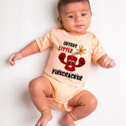 KNITROOT Diwali Theme Half Sleeves Cutest Little Firecracker Text Printed Onesie - Peach-picture-42