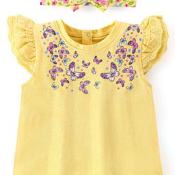 Babyhug Cotton Knit Half Sleeves T-Shirt with Frill Detailing & Headband Floral Print - Yellow-image-92
