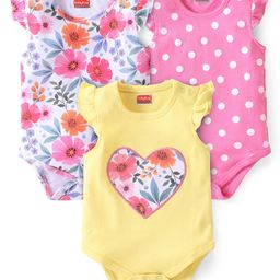 Babyhug 100% Cotton Frill Sleeves Onesies With Heart & Floral Print Pack Of 3 - Pink & Yellow-image-76