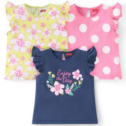 Babyhug Cotton A-Line Half Sleeves Tops With Floral Graphics & Polka Dot Print Pack of 3 - Navy Pink & Yellow-image-55