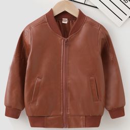 Kookie Kids Full Sleeves Solid Leather Jacket - Brown-image-75