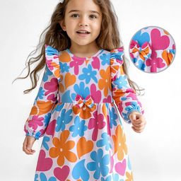 Doodle Poodle Single Jersey Knit Full Sleeves Floral Printed Frock with Bow & Frill Detailing - Pink & Blue-image-80