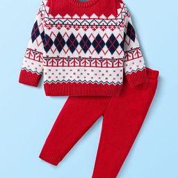 Babyhug Knitted Full Sleeves Pullover Sweater Set With Chevron Design - Red-image-68