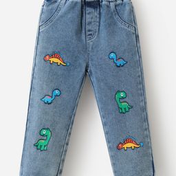 Kookie Kids Denim Full Length Washed Jeans With Dinosaurs Print - Blue-image-32