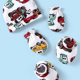 Babyhug Disney Interlock Knit Caps Mittens & Booties With Cars Print - White-image-31
