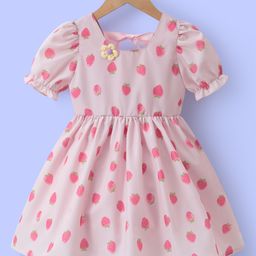 Mark & Mia Half Puffed Sleeves Frock with Strawberry Print & Floral Applique - Pink-image-35