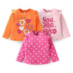 Babyhug Cotton Knit Full Sleeves Tops With Heart & Floral Print Pack of 3 - Orange Dark Pink & Light Pink-image-7