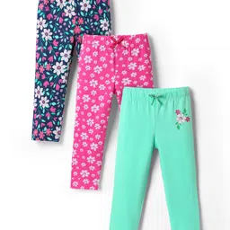 Babyhug Cotton Knit Full Length Leggings with Floral Print Pack of 3 - Pink Sea Green & Navy Blue-picture-4