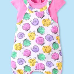 Babyhug Interlock Knit Sea Life Printed Dungaree & Half Sleeves Text Printed Top Set - White & Pink-image-9