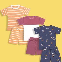 Orange Sugar 100% Cotton Knit Pack Of 3 Half Sleeves Striped & Astronaut Printed Tees With Coordinating Shorts Set - Multi Colour-image-29