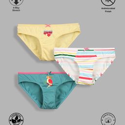 TRESNOVA Cotton Lycra Pack Of 3 Anti Microbial Finish & Smart Waistband Technology Floral & Bird Printed Soft Panties - White Yellow & Blue-image-90