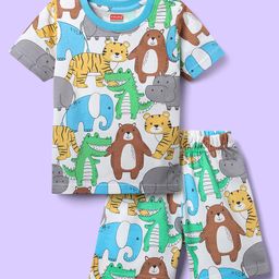 Babyhug Cotton Knit Half Sleeves Co-ords Shorts Night Suit With Vehicle Print - Multicolor-15