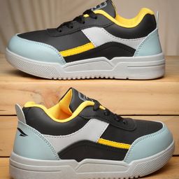 asian Colour Blocked With Lace Up Sneakers - Black & Mustard-image-43