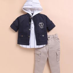 LITTLE COLLARS Cotton Blend Striped Hooded Tee & Full Sleeves Shacket With Pant Set - Blue & White-image-65