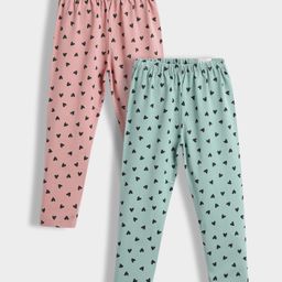 Orange Sugar Cotton Lycra Knit Pack Of 2 Hearts Printed Stretchable Leggings - Coral Pink & Coastal Green-image-64