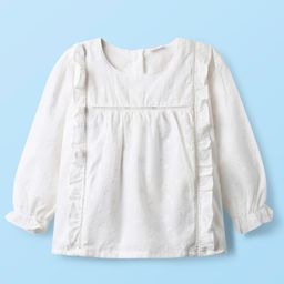 Babyhug Cotton Woven Full Sleeves Schiffli Top with Frill - White-picture-17