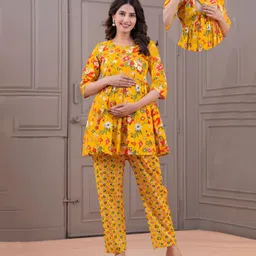 CeleBravo Cotton Woven Three Fourth Sleeves Floral Printed Maternity Ethnic Kurta With Nursing Access & Pant Set - Mustard-picture-13
