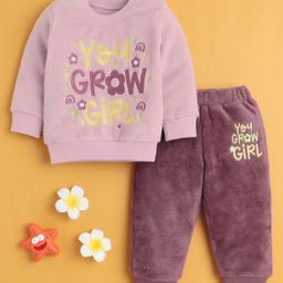 BUMZEE Cotton Blend Knit Full Sleeves You Grow Girl Text Embroidered Light Winter Sweatshirt & Jogger Set - Mauve & Pink-picture-36