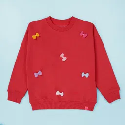 Kiddopanti Fleece Knit Full Sleeves Bow Appliques Detailed Light Winter Sweatshirt - Coral Pink-picture-20