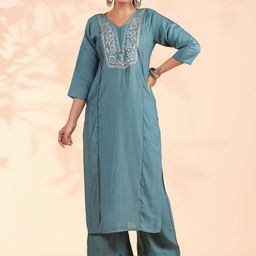 Vbuyz Women Floral Yoke Design Regular Thread Work Kurta with Palazzos & With Dupatta-image-5