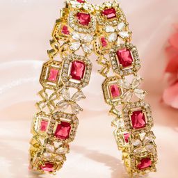 Rubans Set of 2 18K Gold-Plated Ruby Red & White Zirconia Studded Floral Design Bangles image 4