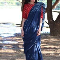Chidiyaa Blue Dragonfly Block Printed Cotton Mul Saree-9