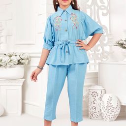 Lei-Chie Girls Floral Embroidered Shirt Collar Linen Shirt With Trouser-image-41